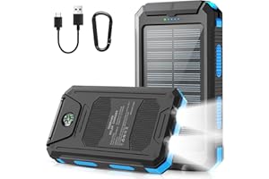 Luvknit Power-Bank-Solar-Charger - 10000mAh Power Bank, Portable Charger, External Battery Pack 5V/2.1A Qc 3.0 Fast Charging Built-in Super Bright Flashlight, Compass, Carabiner, Solar Panel Charging