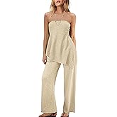 Panadila Womens Off Shoulder Sweater Set 2 Piece Outfits Summer Vacation Knit Matching Lounge Set Tube Top and Pants Set