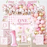 One Silly Goose Birthday Decor Girl, Goose Balloon Arch NB to 12 Months Photo High Chair Banner Cake Topper Goose Party Backdrop and Crown Goose 1st Birthday Decorations Girl