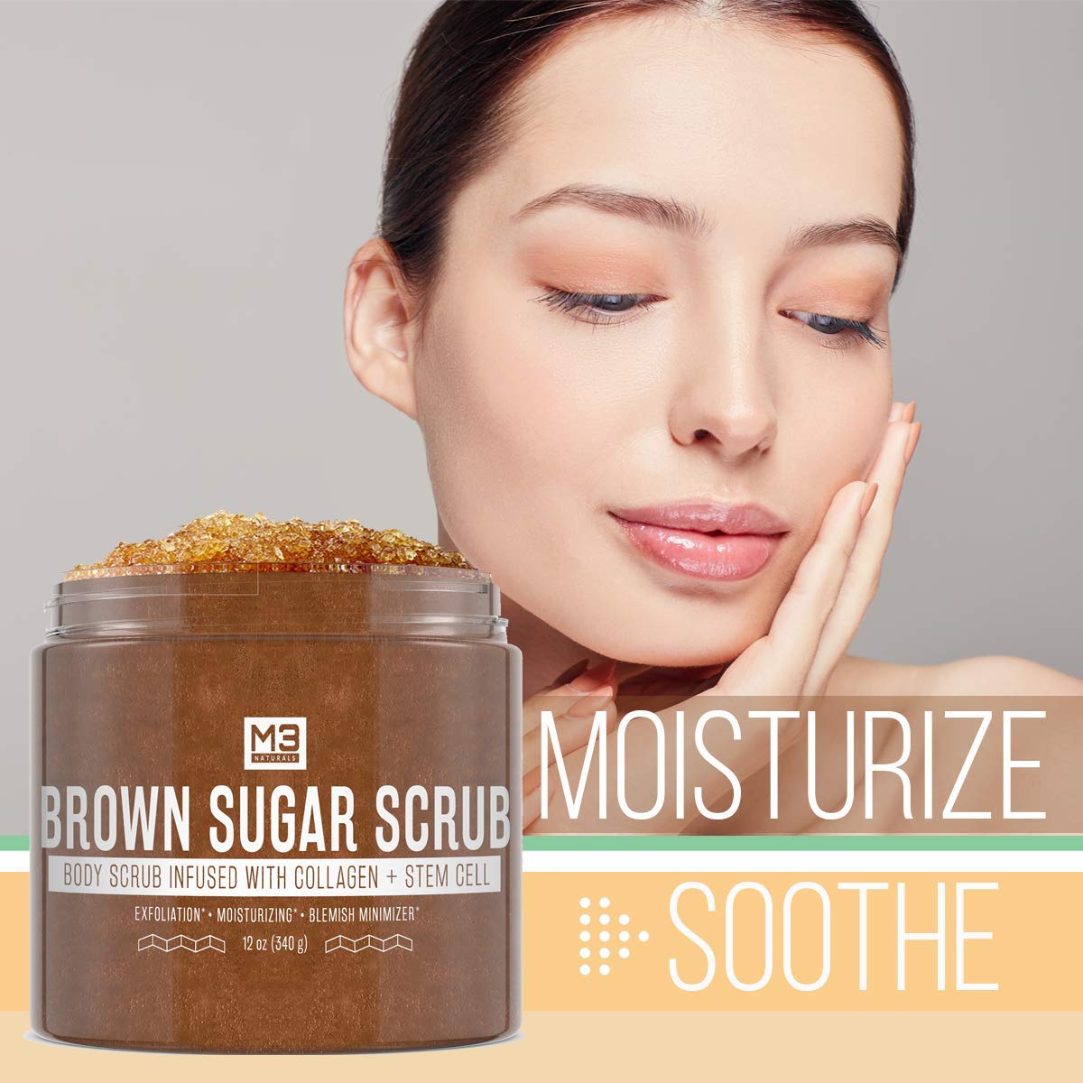 M3 Naturals Brown Sugar Scrub Infused with Collagen and Stem Cell Natural Souffle Body and Face Scrub for Acne Cellulite Stretch Marks Spider Veins Scars Wrinkles Skin Care Exfoliator 12 oz : Beauty