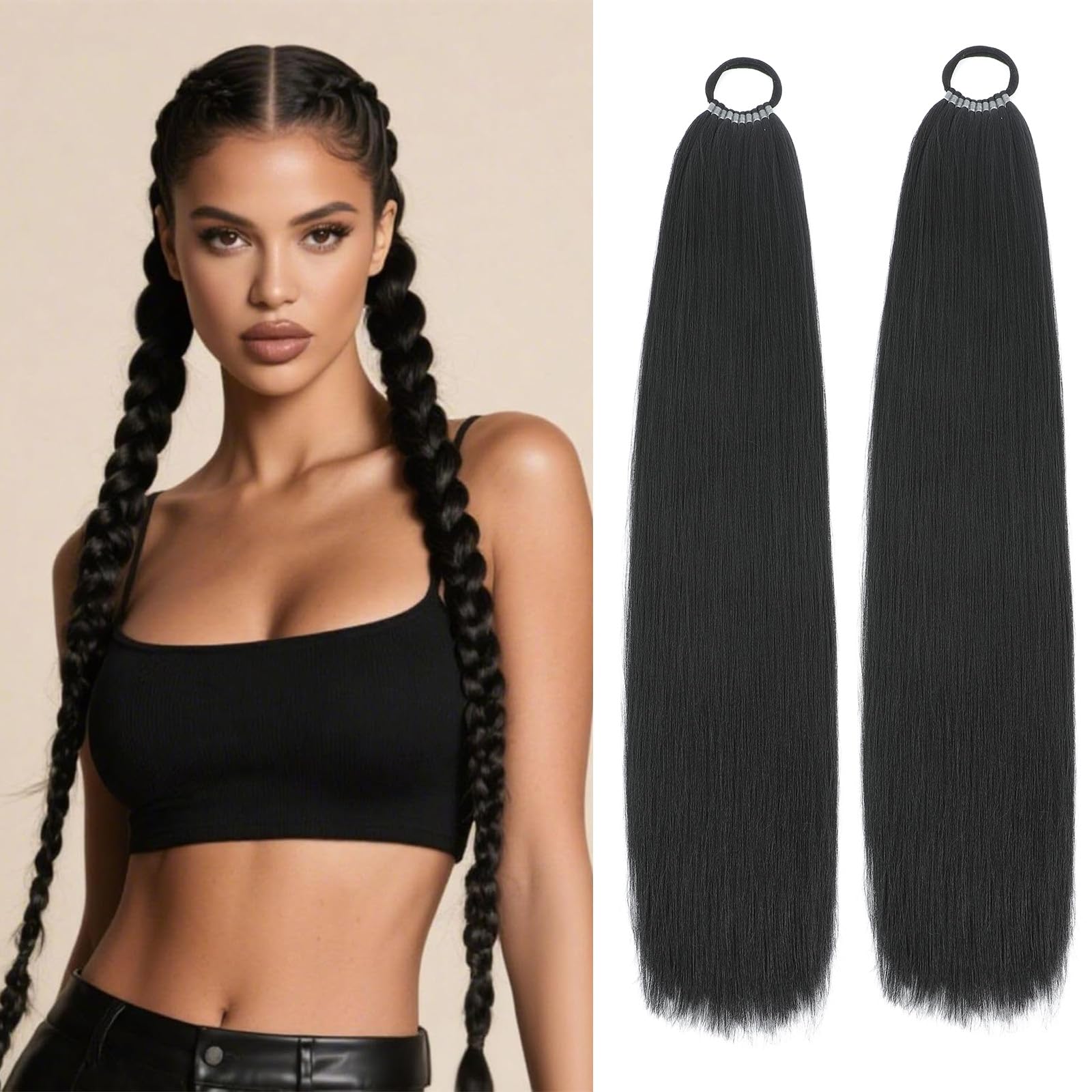 Photo 1 of 2 Packs Long Braided Ponytail Extensions with Hair Ties Natural Soft Synthetic Hair Piece for Black Women Straight Wrap Around Hair Extensions Ponytail (Black, 24 Inch (Pack of 2))
