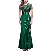 Miusol Women's Elegant Sequin Lace Contrast Ruffle Style Formal Evening Long Dress
