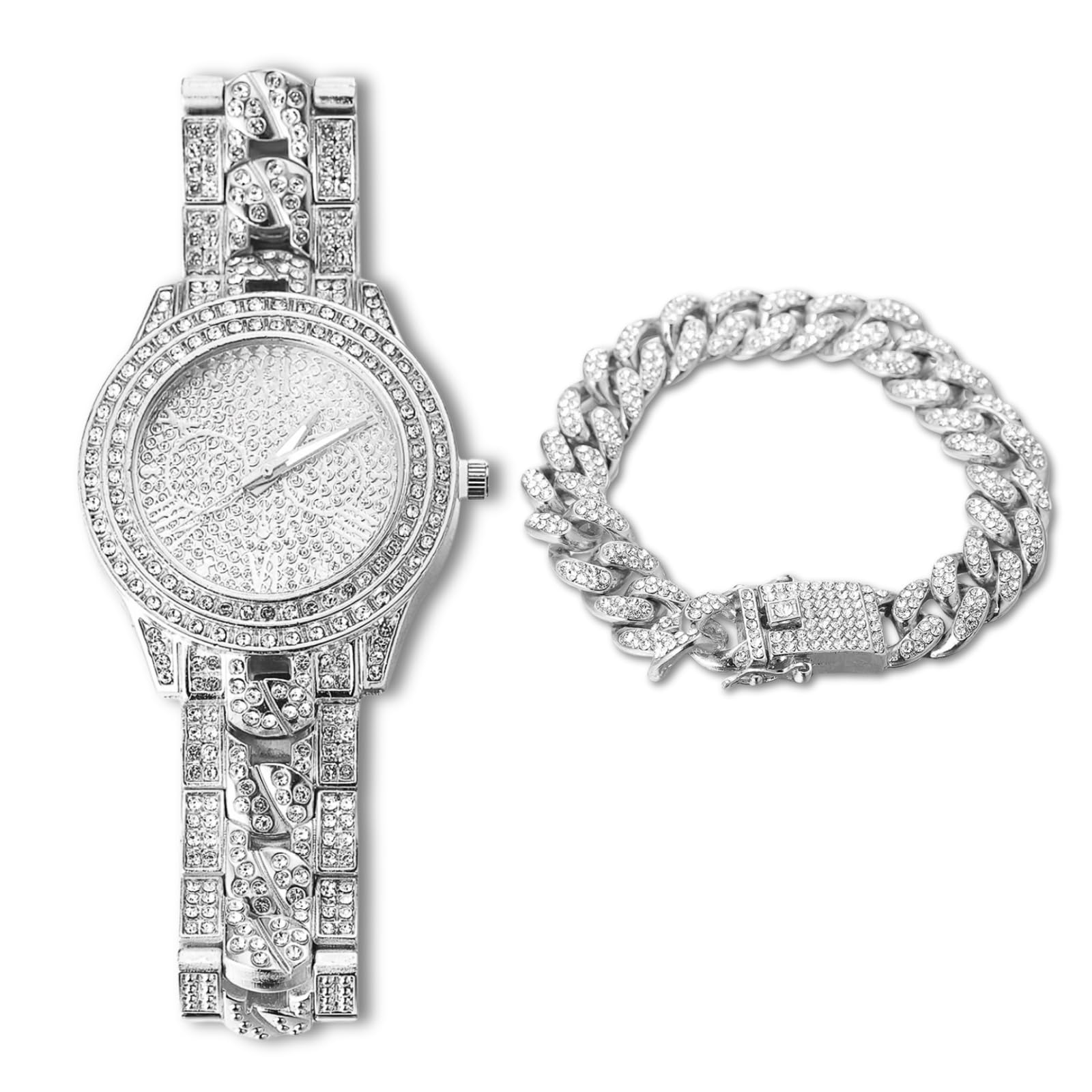 HALUKAKAH Diamond Gold Watch Iced Out,Men's Platinum White Gold Plated Cuban Chain Inserted Band Quartz Wristband 24cm,with Cuban Link 20cm Bracelet,Full Cz Diamonds,Free Giftbox