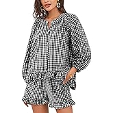 Flygo Women Gingham 2 Piece Pajama Sets Y2K Plaid Ruffle Short Sets Raglan Sleeve Shirt Lounge Shorts Sleepwear with Pockets