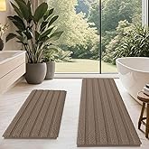 ACCUMTEK Striped Dark Beige Bathroom Rug Mat Set 2 Piece 24"x17"+48"x20" Ultra Soft, Non Slip Chenille Bath Rugs, Absorbent Plush Shaggy Bath Mats for Bathroom, Bedroom, Kitchen, Shower, Tub,Taupe