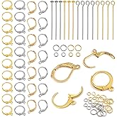 TOAOB 200pcs French Earring Hooks Gold Silver Leverback Ear Wire Kit Stainless Steel Clip Earring Connector with Head Pins and Jump Rings Supplies Jewelry Making Findings