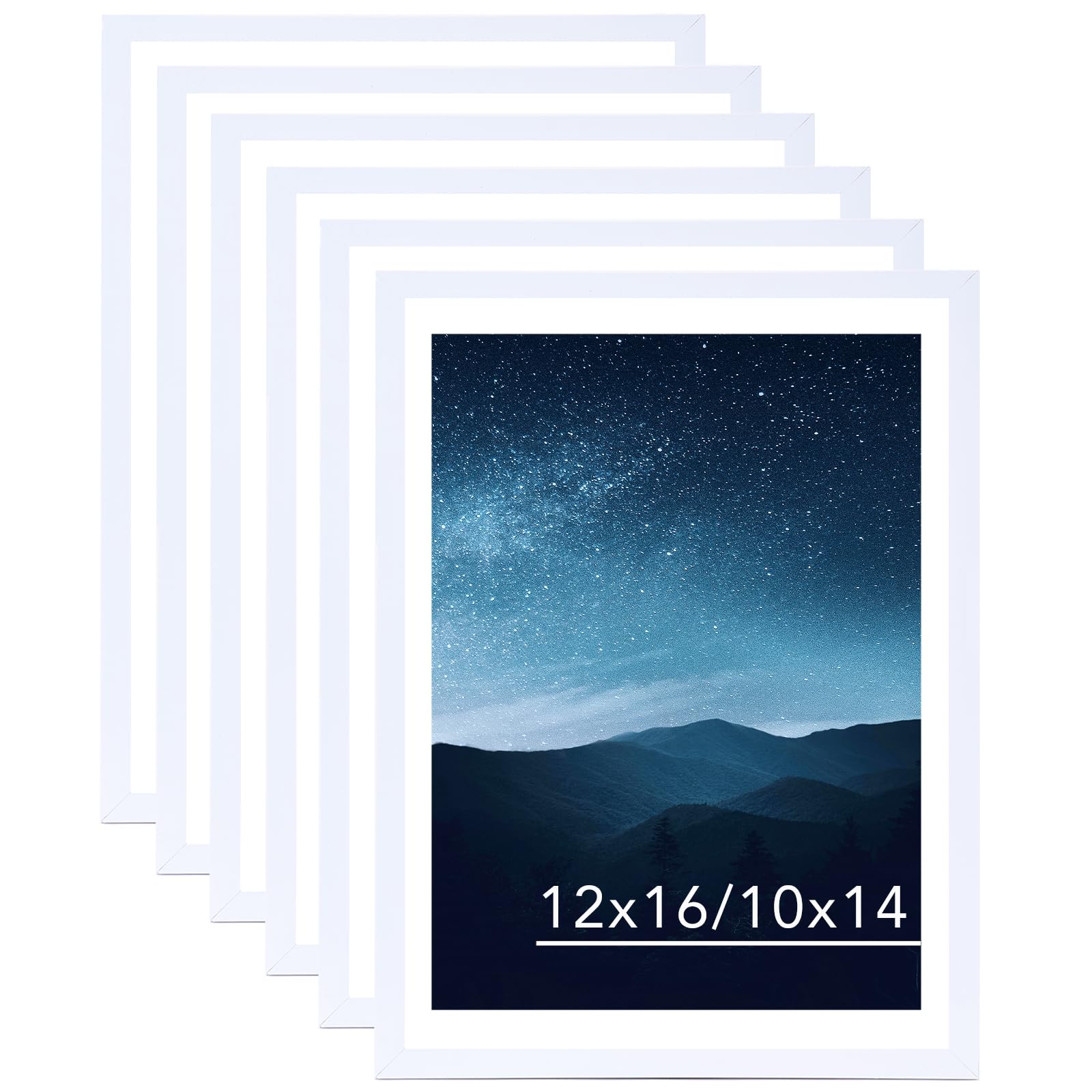 JCJMY 12x16 Picture Frame Set of 6 White with 10x14 Mat for 30 x 40cm Diamond Art Painting, Display Photo 10x14 with Mat or 12 x 16 Without Mat, Wall Hanging Large Frame, 6 Pack, White