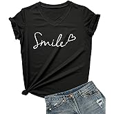 DANVOUY Womens V-Neck Cute Letter Print Graphic T Shirt Short Sleeve Tops