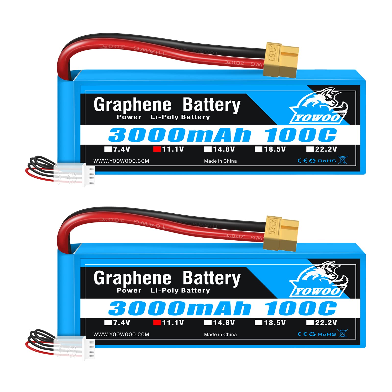 Yowoo 2Pcak 3S Lipo Battery, 11.1V 3000mAh 100C Graphene Lipo Battery with XT60 Plug for RC Airplane UAV Drone FPV RC Helicopter RC Evader BX Car RC Truck RC Truggy