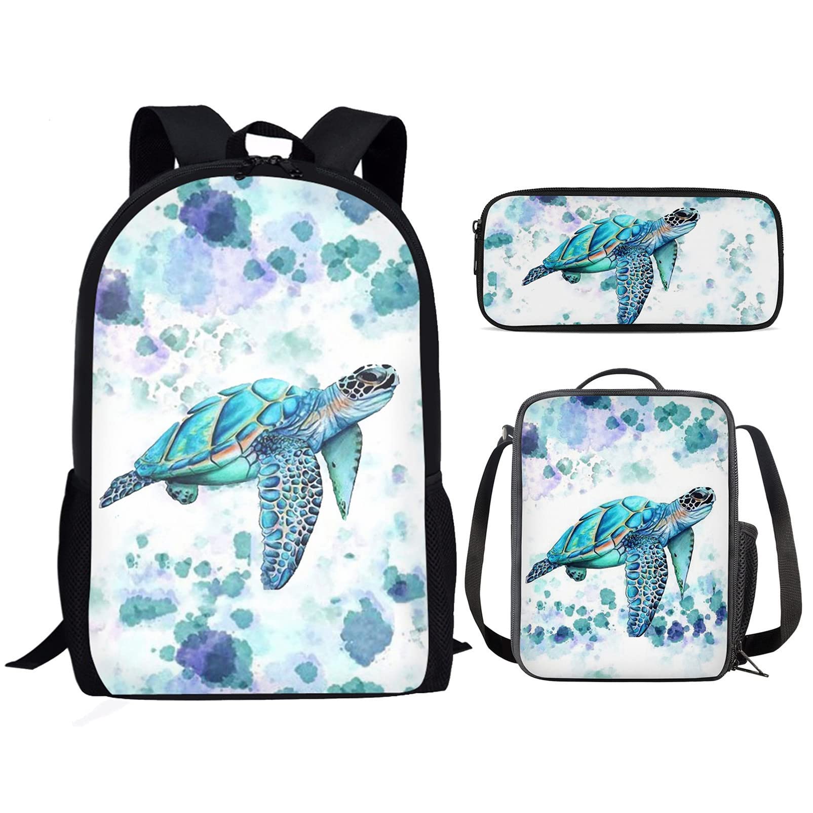 HUIACONG Turtle School Backpack Teen Girls Schoolbag Set with Lunch Bag Pencil Case,Tie Dye Design Kids Rucksack Lunch Box Set Boys Travel Bookbag 17inch