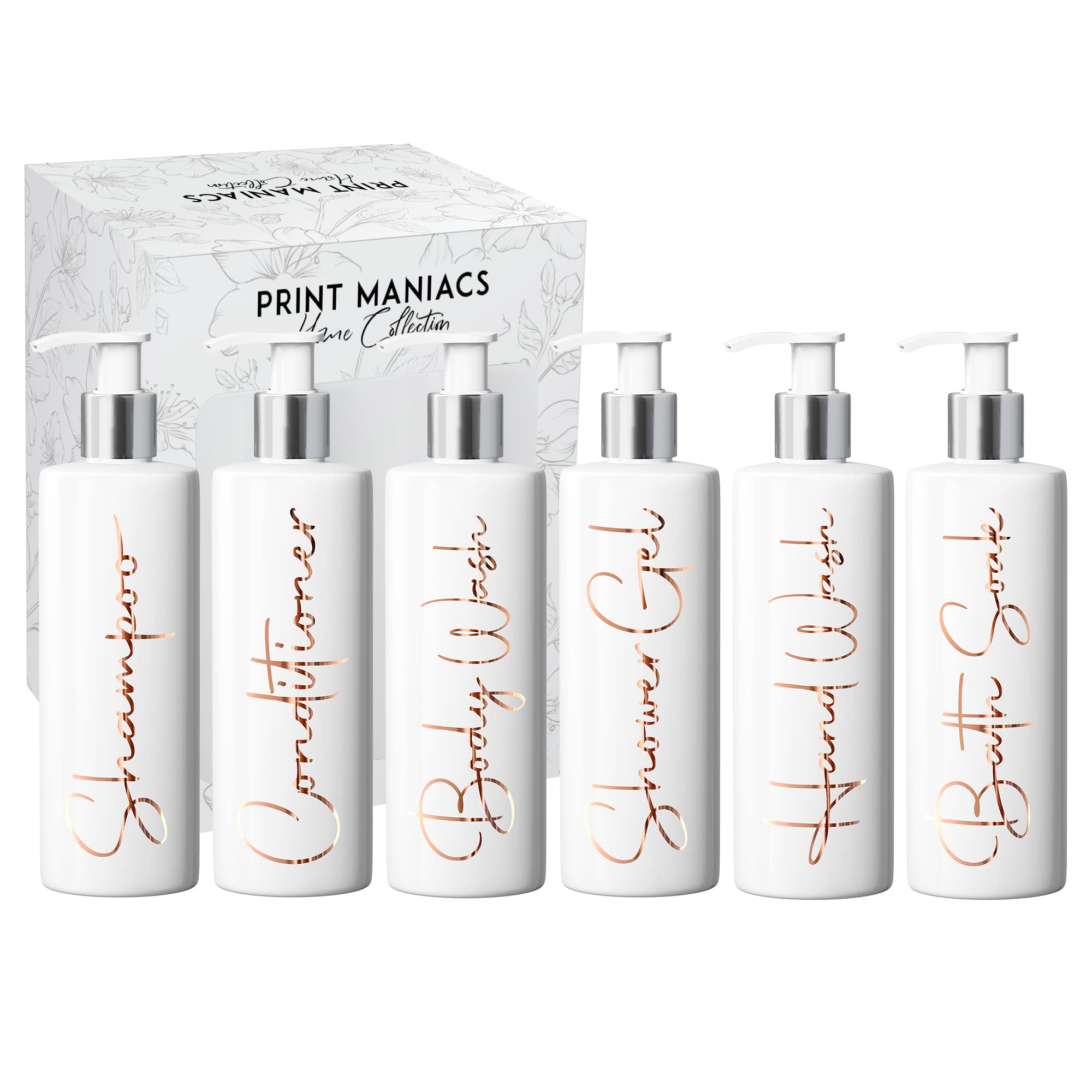 Print Maniacs Mrs Hinch Inspired White Personalised Dispenser Silver Pump Bottles Set 6 (COPPER, F2)