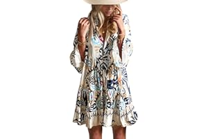 Opemiby Summer Dresses for Women 2025 Flowy Ruffle 3/4 Sleeve V Neck Tiered Casual Babydoll Boho Beach Mini Dress