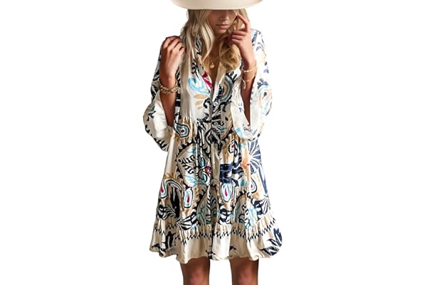 Opemiby Summer Dresses for Women 2026 Flowy Ruffle 3/4 Sleeve V Neck Tiered Casual Babydoll Boho Beach Mini Dress