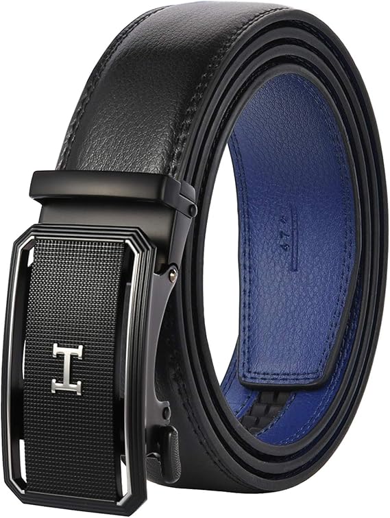 Amazon ベルト メンズ オートロック式 ビジネス カジュアル で穴なし紳士 おしゃれ 無段階調節 幅広3 5cm 文字工 ブラックブルー 130cm ベルト 通販