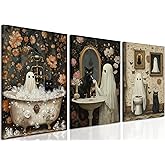 Halloween Ghost Bathroom Wall Art Set of 3, Funny Gothic Wall Decor Dark Academia Decor Pictures, Horror Ghost and Black Cat in Bathroom Poster Canvas Prints 12x16 inch Framed