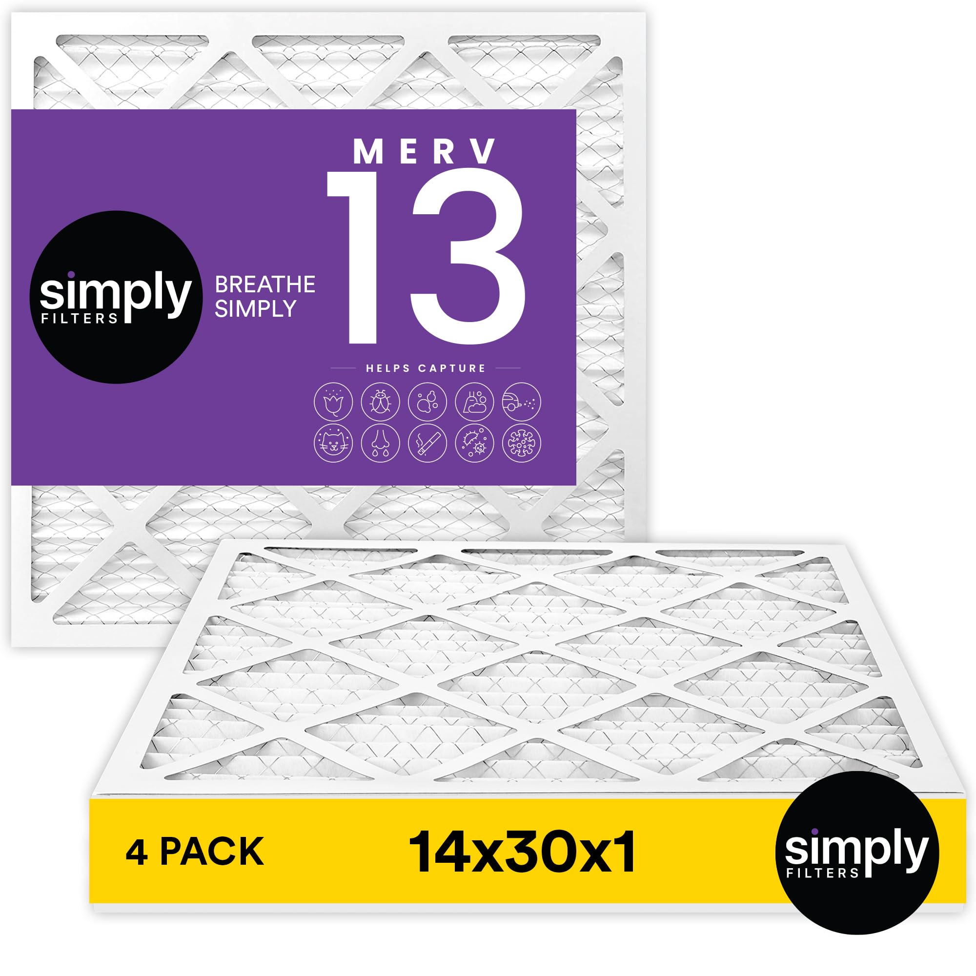 Simply 14x30x1 Air Filter, Merv 13, 4 Pack, For Home AC Furnace & HVAC (Actual Size: 13.75"x29.75"x0.75") DUST, Pet, & Allergy Control Image