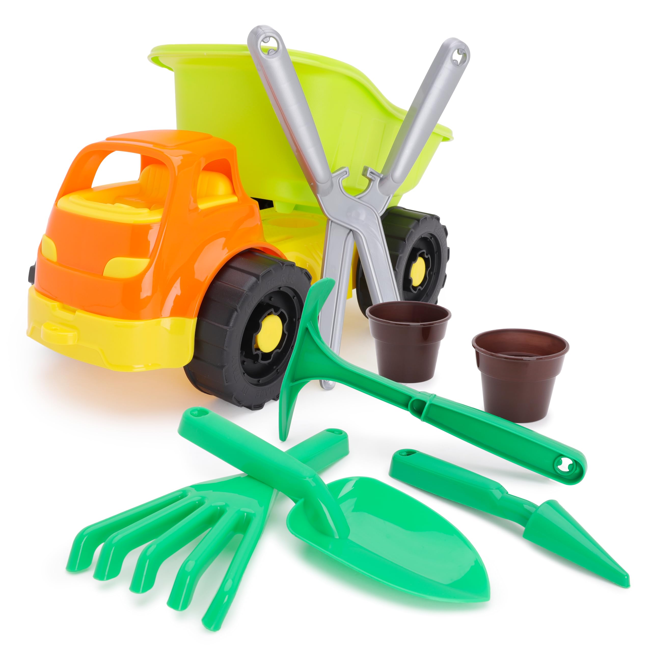 Toyland® 33cm (13") Dump Truck Vehicle & 7 Piece Gardening Set - Rake, Spade, Plant Pots, Shears, Pickaxe & Dibber - Beach Toy - Outdoor Garden Toys - Age 2 Years+