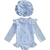 Baby Infant Girl Swimsuit One-Piece Long Sleeve Rash Guard Bathing Suit Swimwear with Sun Hat
