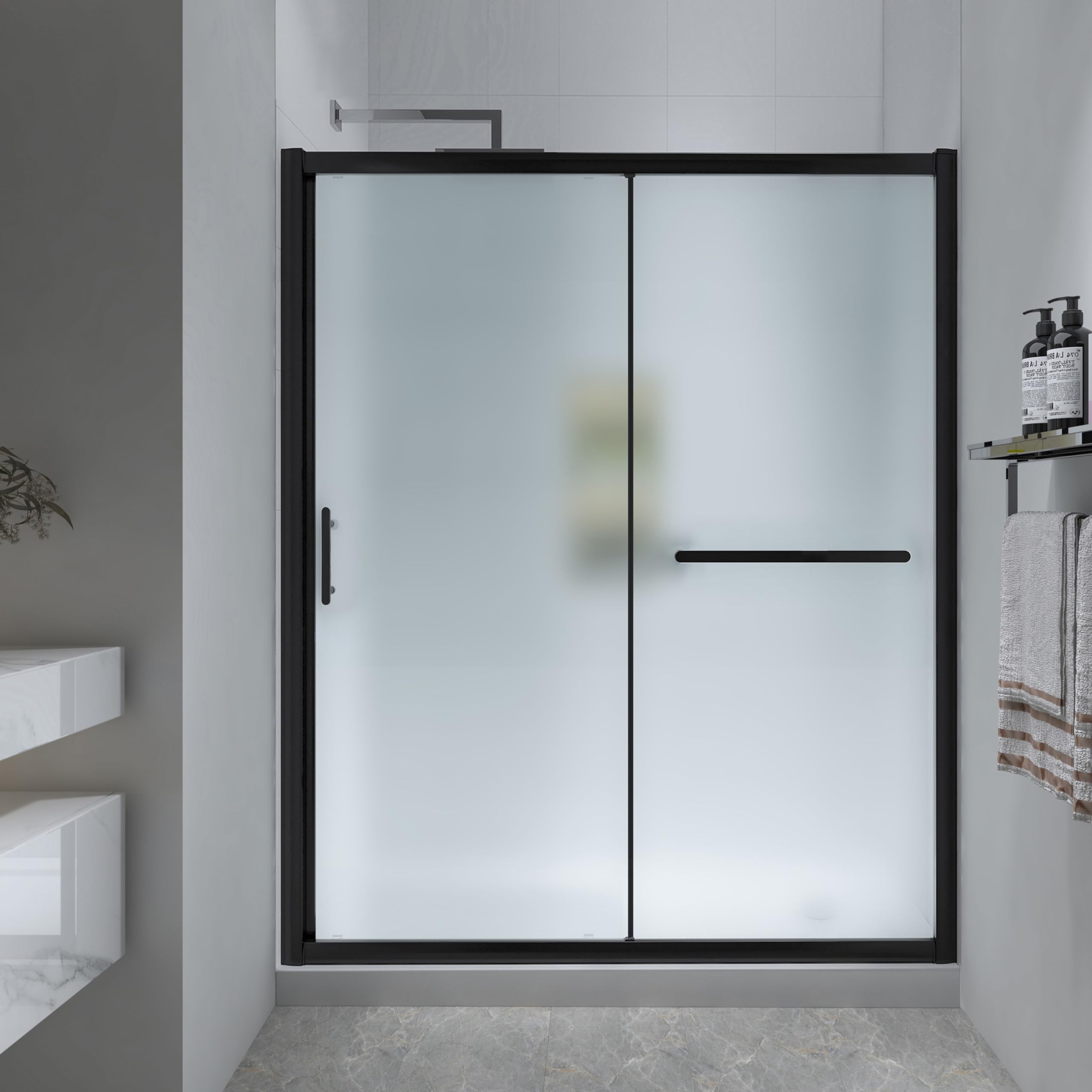 Photo 1 of **************Frame is scratched/damaged***************
FELYL 56-60" W x 72" H Framed Single Sliding Shower Door with 1/4" (6mm) Frosted Ultra-Clear Tempered Glass in Matte Black Finish, Reversible Installation