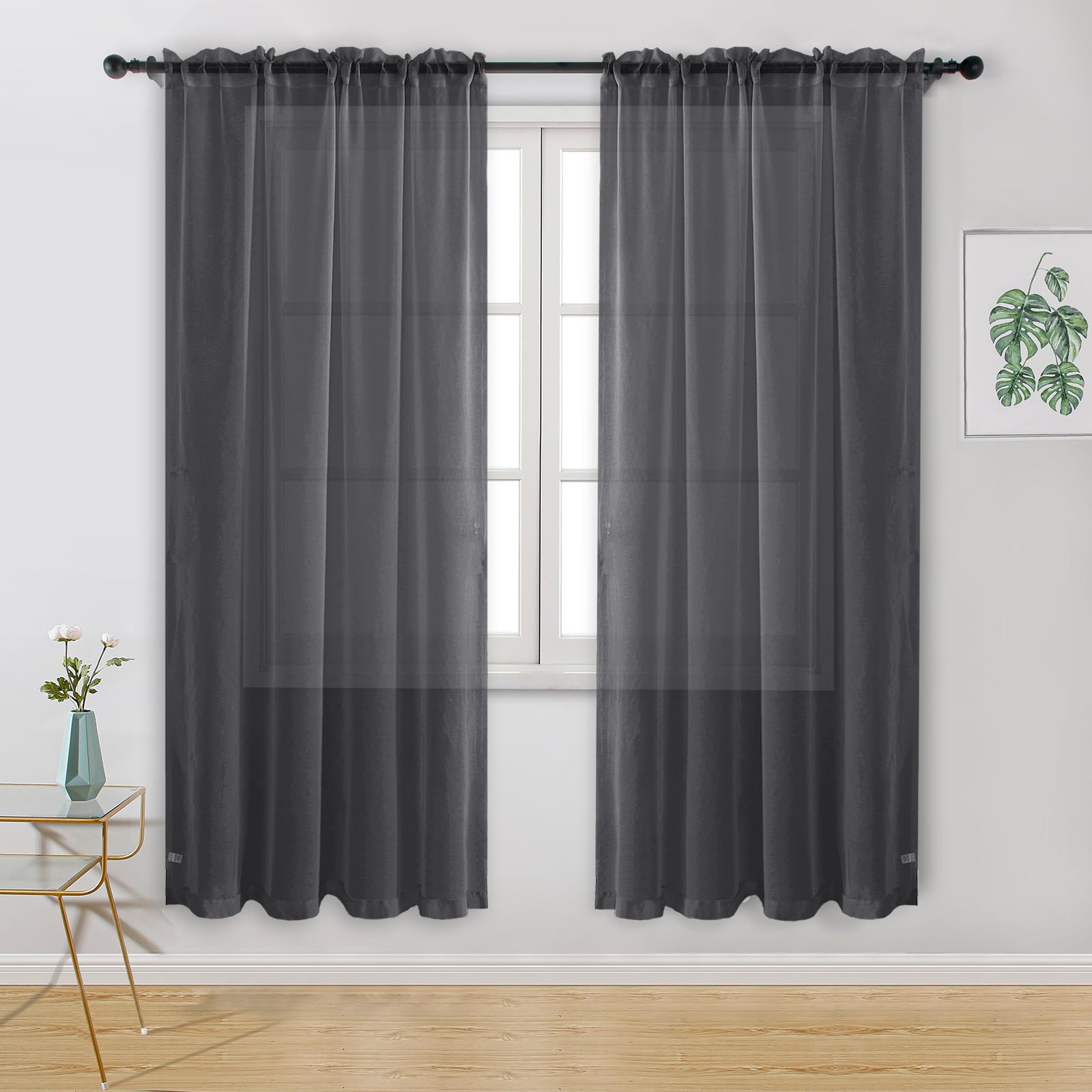 Hiasan Voile Curtain Grey Curtains for Bedroom Net Curtains for Window Sheer Living Room Curtain With Tiebacks 55 X 63 Inch 2 Panels Rod Pocket Top