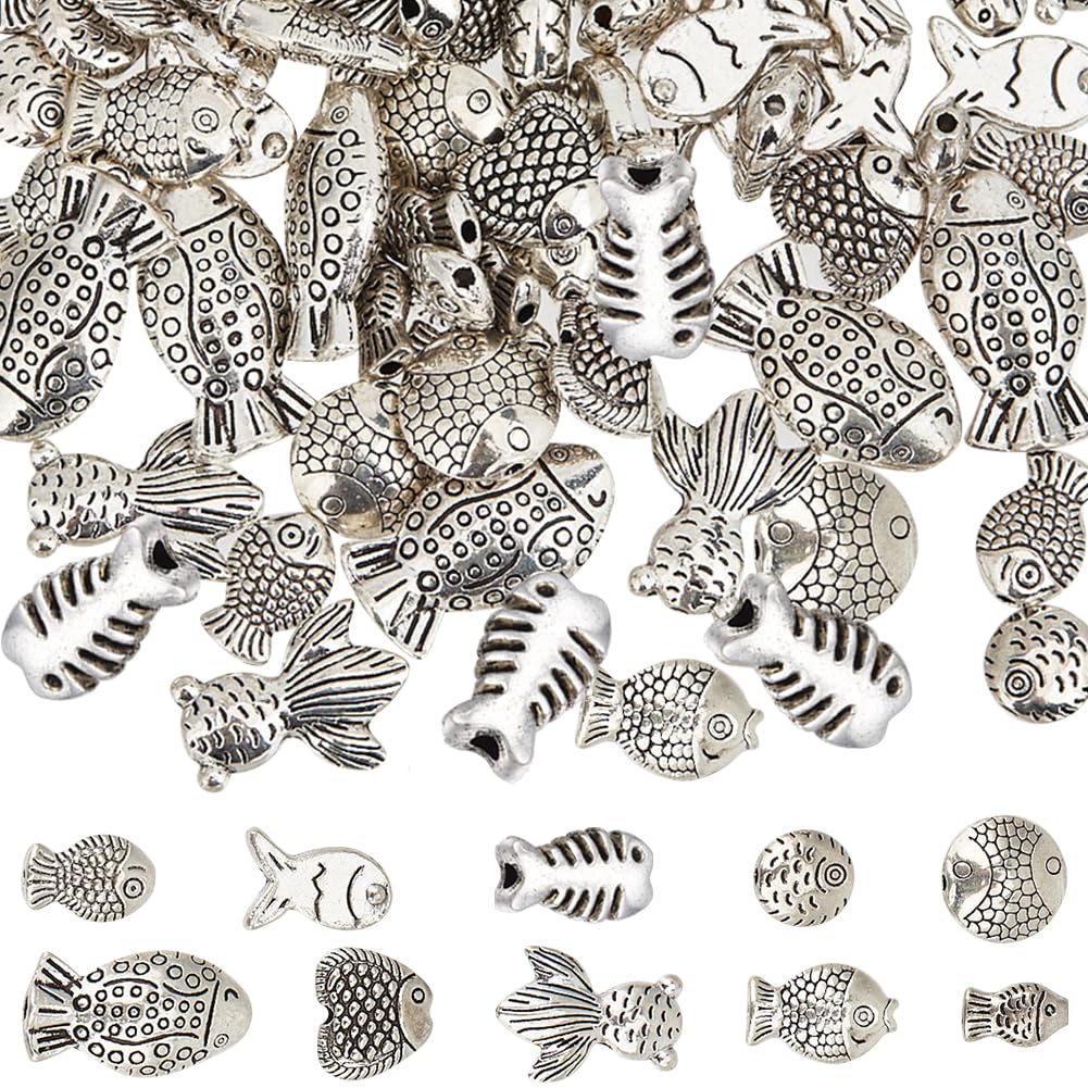 SUNNYCLUE 100Pcs Fish Beads Bulk Fishes Spacer Beads Tibetan Antique Silver Alloy Ocean Animal Loose European Vintage Bead for DIY Earring Necklace Bracelet jewellery Making Findings Accessories