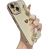 Caseative for iPhone 14 Case,Cute Plating Love Heart Wrist Strap Chain Bracelet Phone Case (White)