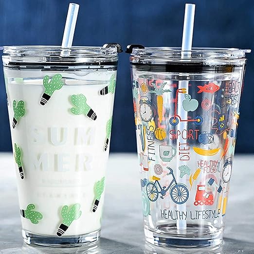 Buy LEXICO Glass Tumbler with Lid and Silicon Straw Coffee Mug Tea Cup