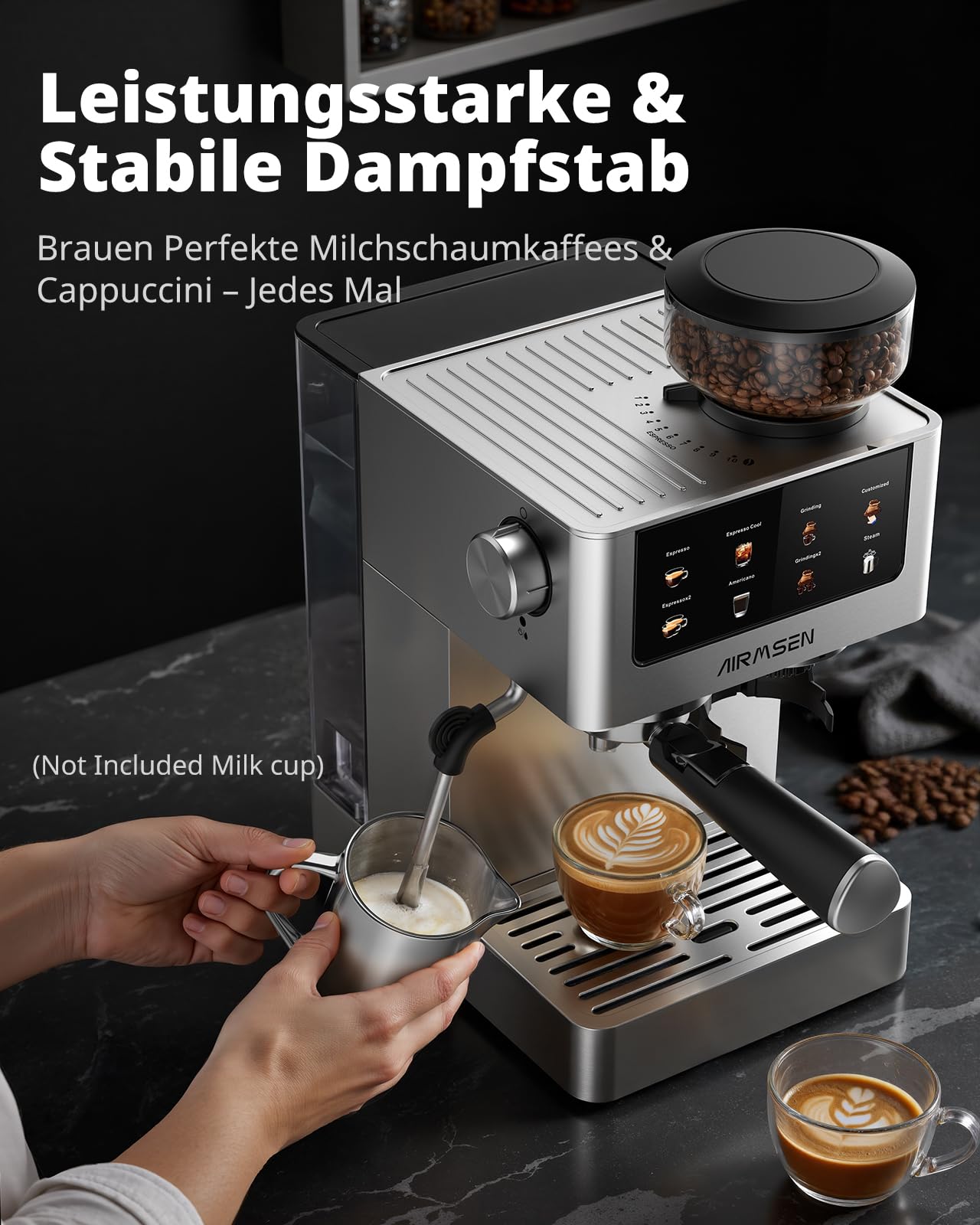 AIRMSEN 20 Bar Siebträgermaschine mit Kegelmahlwerk & Milchschäumer, 1.8L Wassertank, Edelstahl Espressomaschine Kaffeemaschine für Americano, Cappuccino und Latte 4
