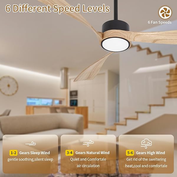 CEILING FAN WITH LIGHTS,52 INCH WOOD CEILING FANS WITH REMOTE CONTROL,DIMMABLE LIGHT,3 CCT,6 SPEEDS,NOISELESS DC MOTOR,2 DOWNROD,CEILING FAN FOR BEDROOM,LIVING ROOM,OFFICE,INDOOR,NATURAL WOOD GRAIN