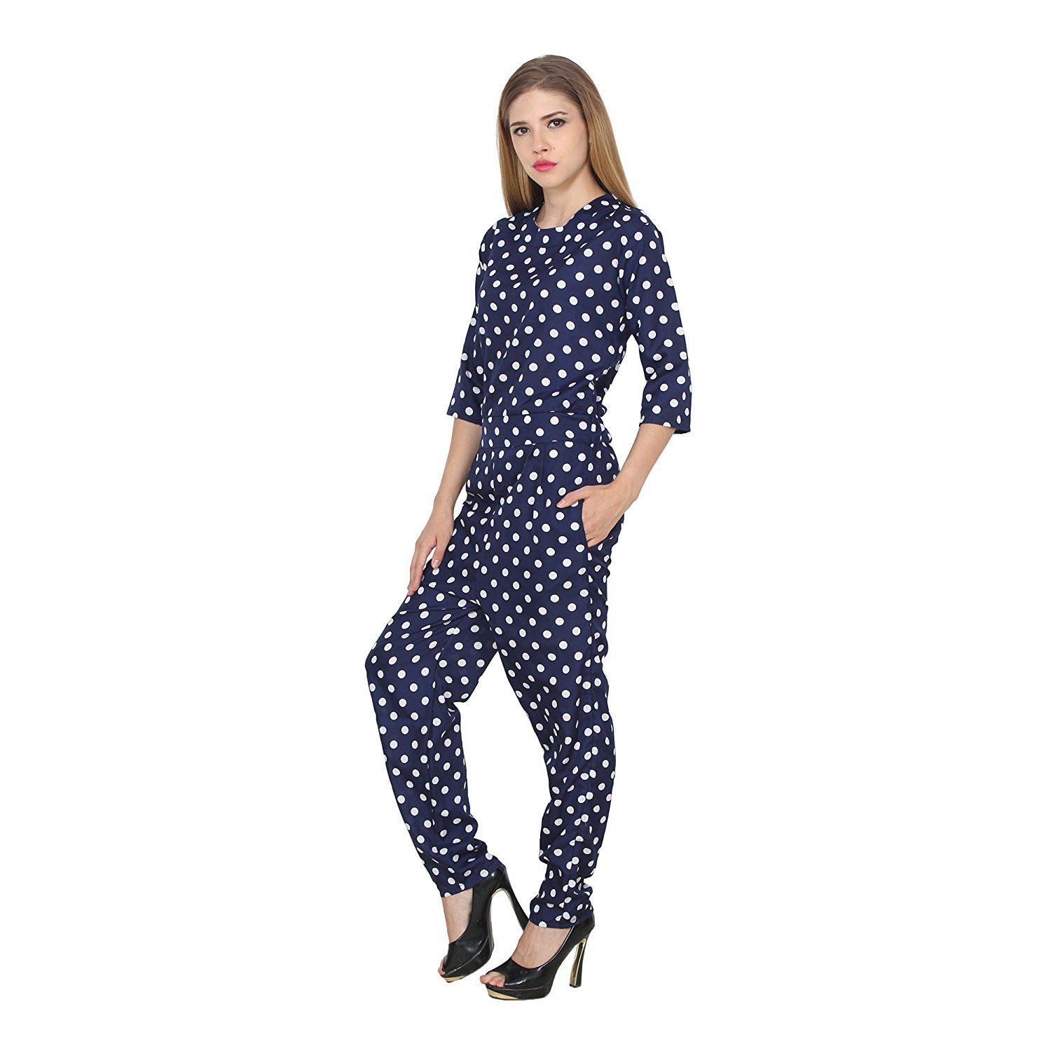 my swag women's brought polka dot print 3/4 sleeve jumpsuit