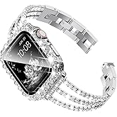 Surace Compatible with Apple Watch Bands 41mm for Women Series 9 8 7, Bling Diamond Rhinestone Link Bracelet with 2 in 1 Waterproof Bling Case Lace Edge Diamond Protective Bumper Face Cover, Silver