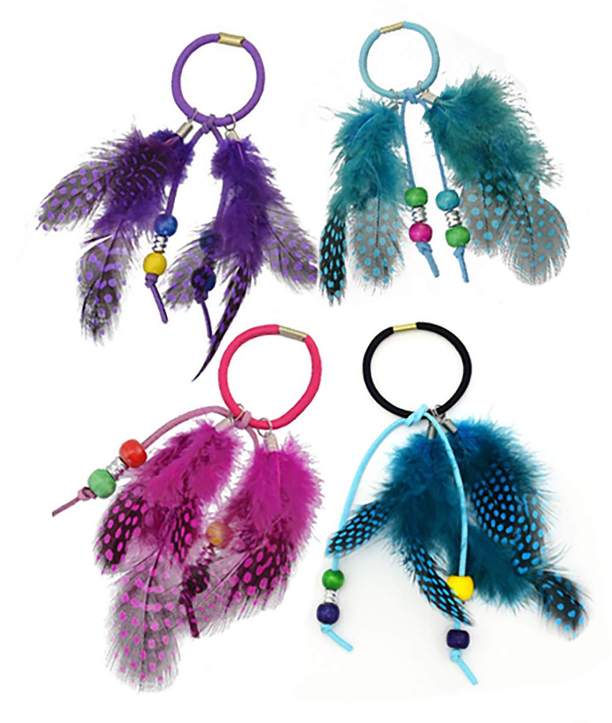 Set of 4 Handmade Boho Elastics Feather Hair Rope Ponytail Holders Hippie Hair Band Headbands Head Wrap Gypsy Hair Tie for Girl Women (Colour Random)