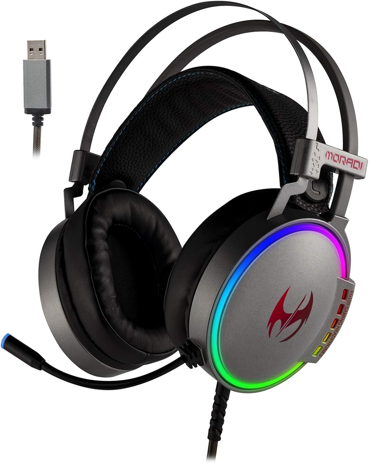 ETWAR USB Gaming Headset with Noise Cancelling Microphone for PC Playstation, 7.1 Surround Sound RGB Light Steelseries Frame Headphone Compatible with PS4 Laptop Mac iPad,EG100 Silver