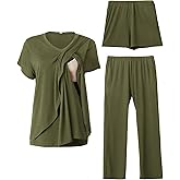 Rnxrbb V Neck Nursing Pajamas Set 3 Pack Postpartum Pjs Breastfeeding Sleepwear for Women Double Layer with Pockets