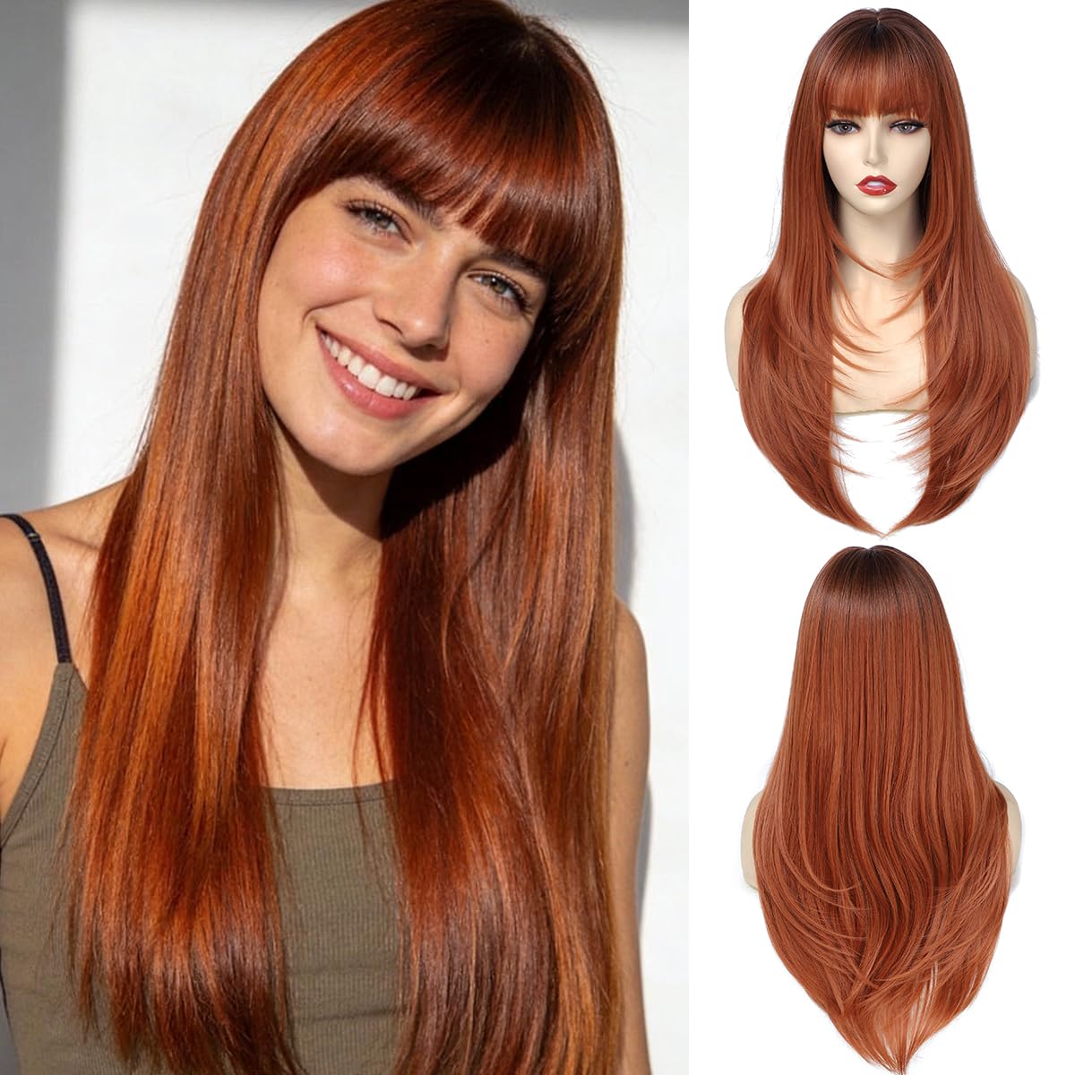 Yamel Hair Wigs with Fringe Ombre Auburn 24 Inch Adjustable Cosplay or Daily Natural Straight Long Wigs for Women Lady