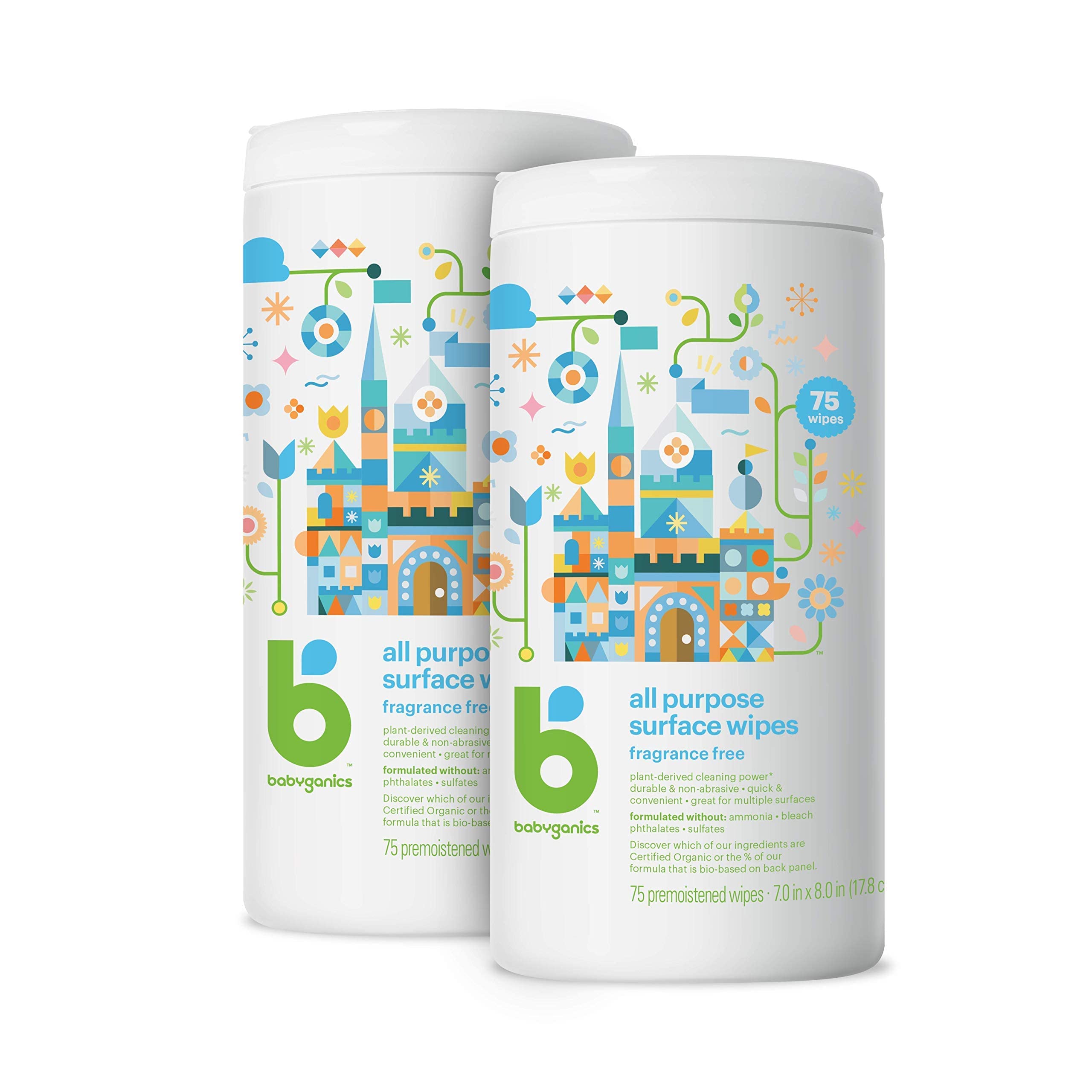 Photo 1 of Babyganics All Purpose Surface Wipes, Fragrance-Free, 75 Count Plant Based and Non-Abrasive, No Ammonia, No Bleach (Pack of 2)