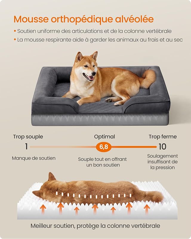 Panier pour Chien Orthopédique, Lit pour Chien L, Bord Surélevé, Mousse Alvéolée, Housse Amovible, Lavable, Antidérapant, Doublure Hydrofuge, Gris Ardoise, 89 x 63 x 16 cm PGW322GN01