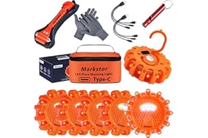 Markstor Led Road Flares 6 Pack LED Flares Emergency Kit, USB Recharge Amber LED Flares Warning Light with Magnetic, Roadside Safety Disc Flares Kit with Breaker,Whistle for Vehicle (6 Pack Parts)