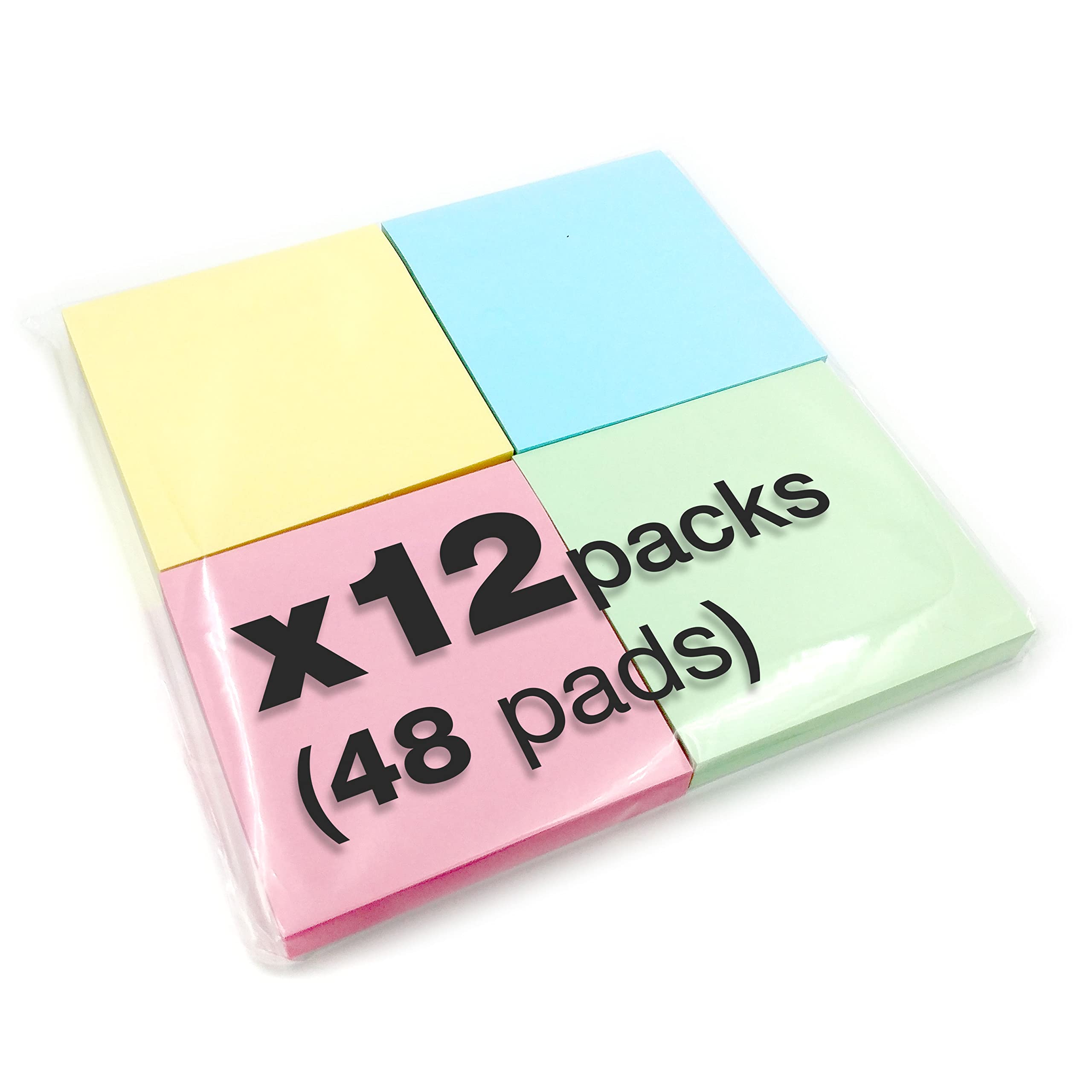 12 x 400 Quality Pastel Colours Removable Sticky Notes 76x76mm 48 Pads of 100 Sheets - Blue, Pink, Green, Yellow