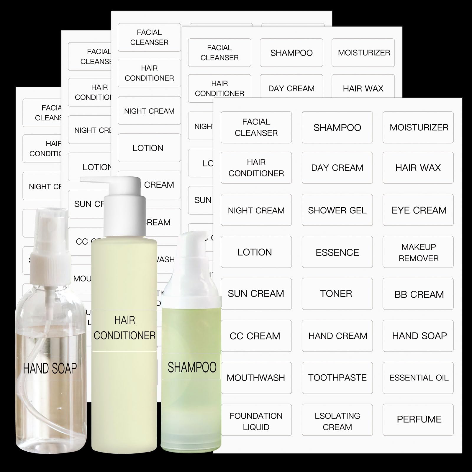 KSIWRE 120 PCS Toiletry Labels for Travel Size Bottles, Waterproof Bathroom Beauty Organization (Clear)