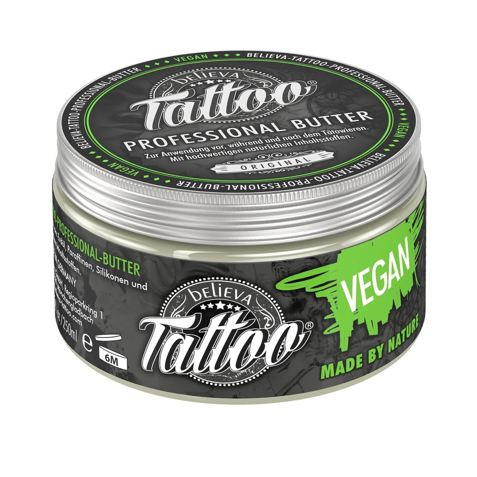 Believa Tattoo - Professional Butter Care for Your tattoo - 100% vegan tattoo care - Tattoo balm for use before, during and after tattooing - Made in Germany - 250ml