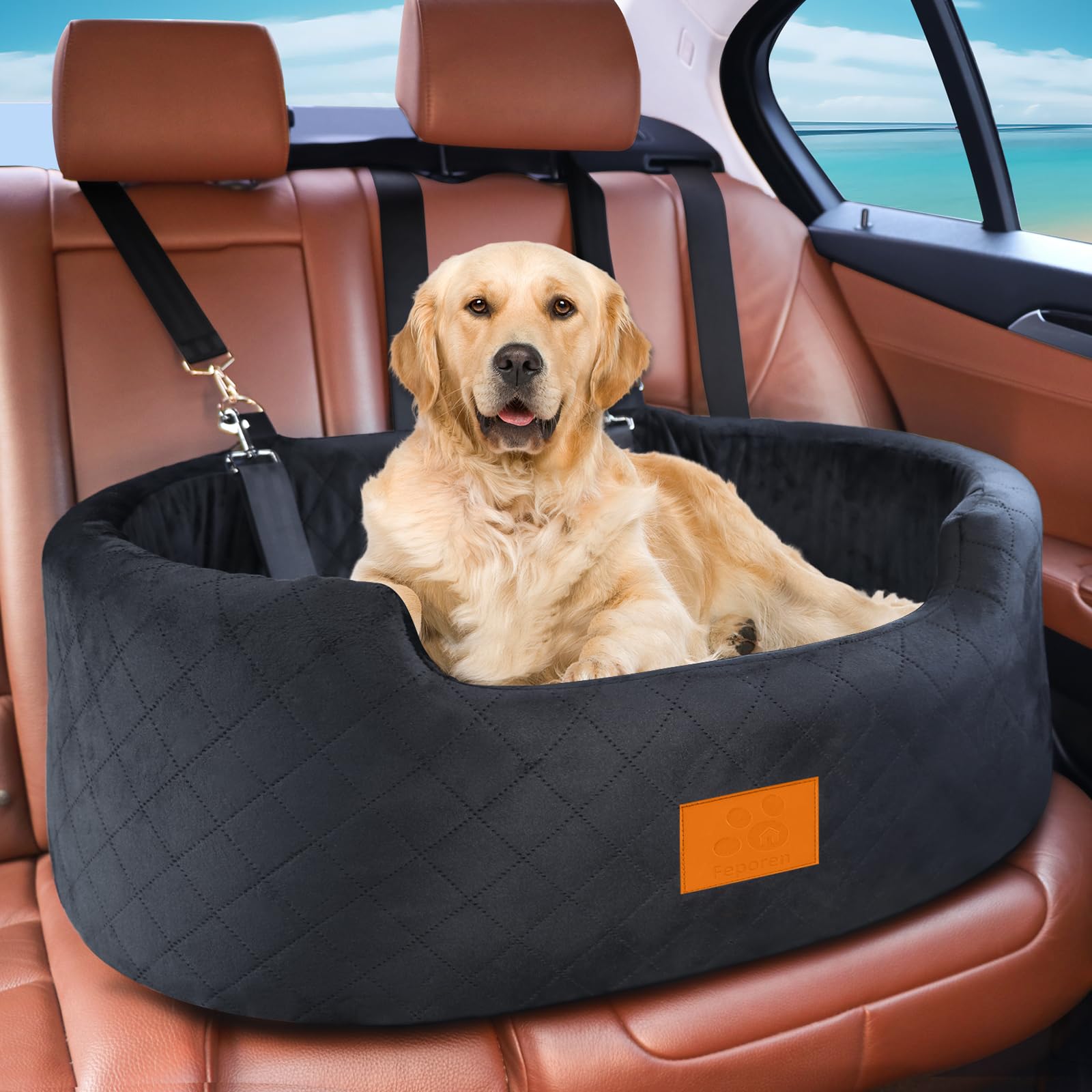 Photo 1 of Feporen Dog Car Seat for Medium Dogs Up to 50 lbs, Pet Booster Seat for Cars SUVs and Trucks, Travel Dog Bed with Safety Strap, Thick Cushion, Non-Slip Base, Washable and Portable (Black)