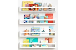 Forbena 24 Inch Wall Bookshelf for Kids Bedroom Set of 4, White Floating Nursery Book Shelves for Baby Toddler Children Girls Boys Room Decor, Large Wood Wall Mount Bookshelves and Toy Storage