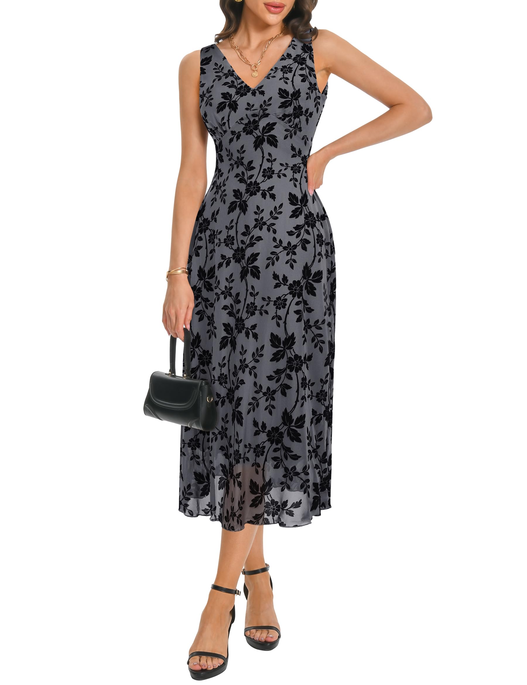 Photo 1 of Nitzana Women's Summer Floral Print Long Mesh Dresses Trendy 2025 Elegant V Neck Sleeveless Maxi Dress Wedding Guest Garden Party Cocktail Date Night Going Out Semi Formal Spring Sexy Casual Grey S