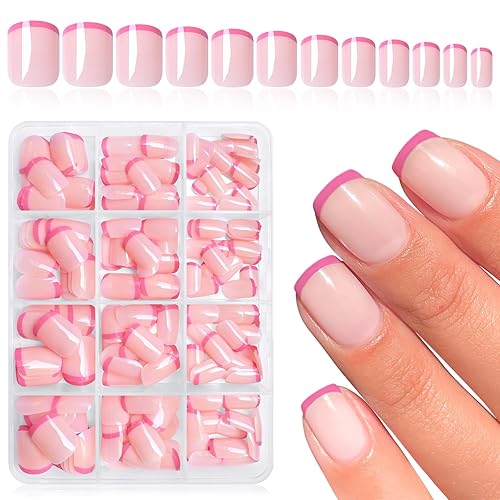Bellelfin Hot Pink French Tip Press on Nails Short Square Fake Nails, 240Pcs French Nails Press on Artificial French Tips Glue on Nails Full Cover Acrylic Nails for Women Girls