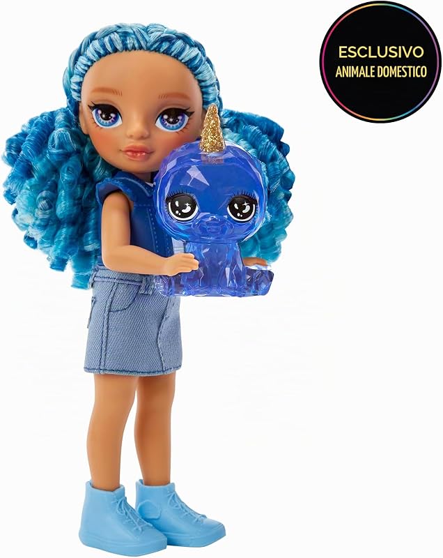 Littles - Sapphire Bradshaw - Bambola fashion piccola e snodabile - Bambola blu alta 14 cm con borsa e animale domestico magico Yeti - Per bambini e collezionisti