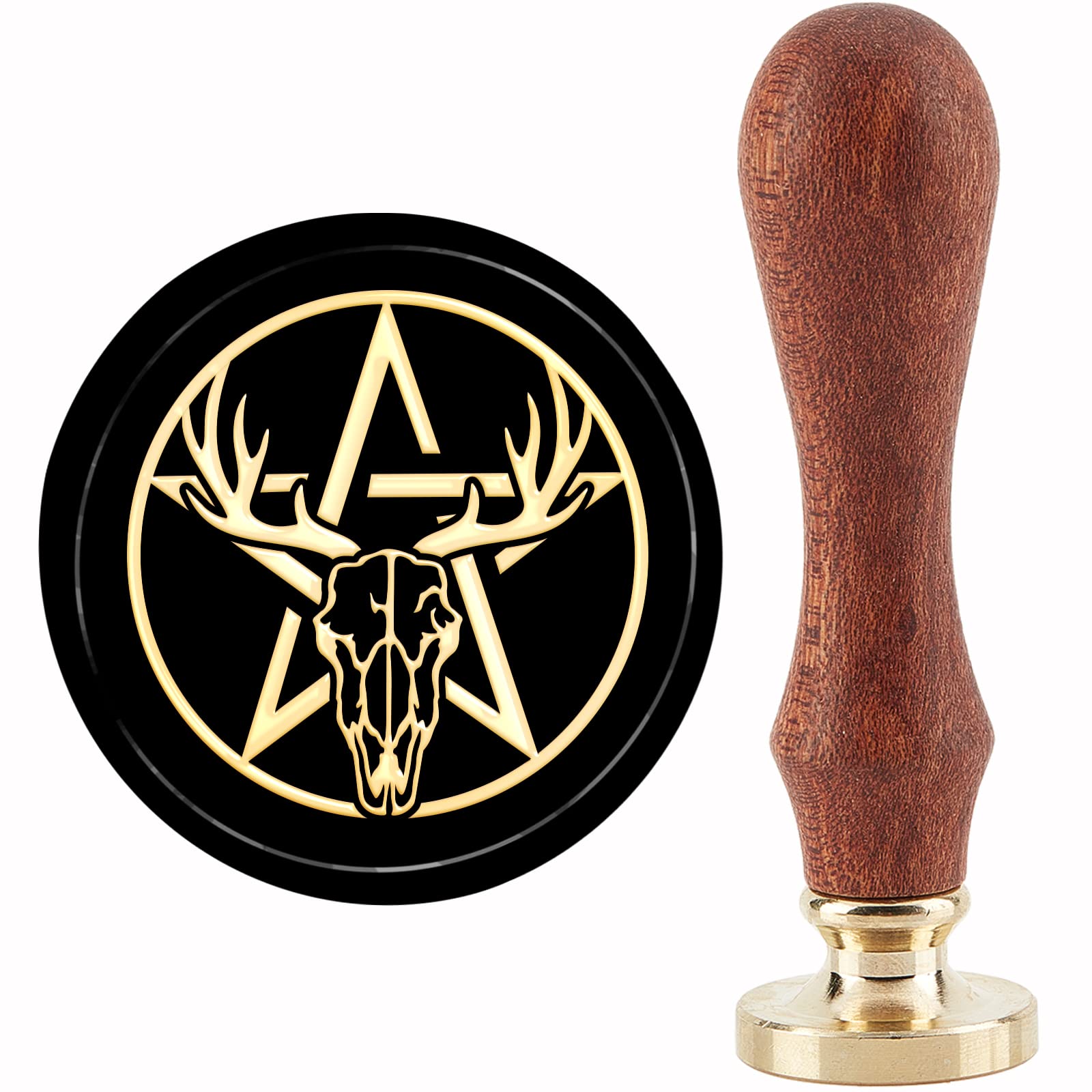 CRASPIRE Deer Skull Wax Seal Stamp Pentagram Sealing Wax Stamp 30mm/1.18inch Removable Brass Head Sealing Stamp with Wooden Handle for Invitations Cards Gift Wrap