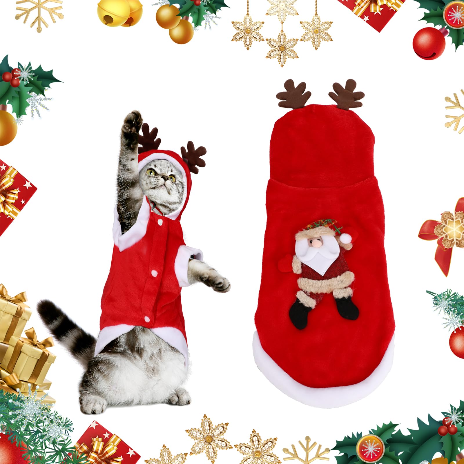 Pet Christmas Costume,Cat Christmas Outfit with Reindeer Hat, Lovely Dog Costume Cat Coat Warm Santa Hoodie Clothes, Red Jumpsuit Apparel for Small Medium Cats Dogs Pets Cosplay Party Xmas New Year,L — image 1
