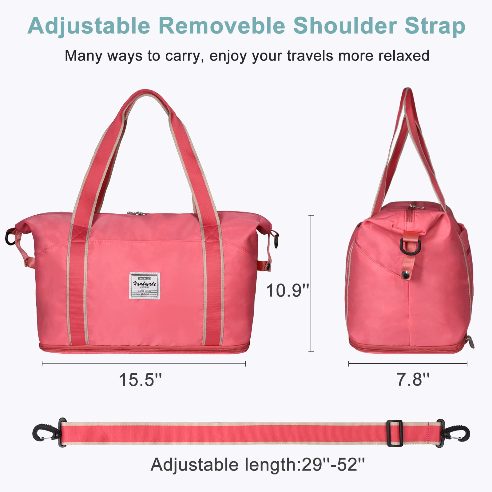 DMLuna Travel Duffel Bag, Tote Sports Gym Bag, Shoulder Overnight Weekender Bag for Women & Men, Hospital bag, Expandable Duffel Bag with Trolley Sleeve/Wet Pocket