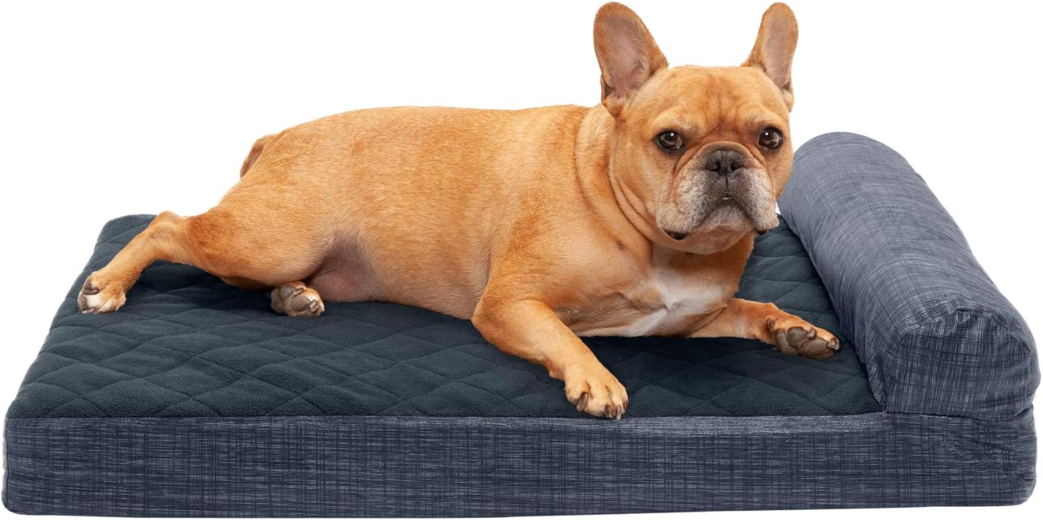 Furhaven Pet Dog Bed - Deluxe Cooling Gel Memory Foam Quilted Fleece and Print Suede Chaise Lounge Living Room Couch Pet Bed with Removable Cover for Dogs and Cats, Dark Blue, Medium : Pet Supplies